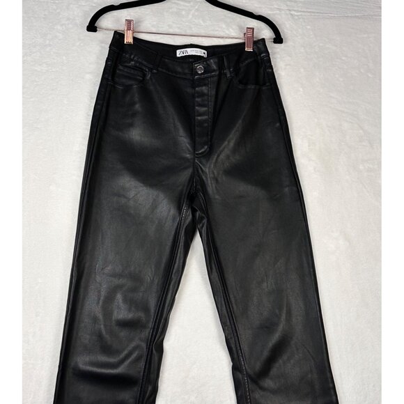 ZARA Black Pants 6 Straight Lag Faux Leather High Rise Slit Hem Stretchy Pants - Picture 5 of 11